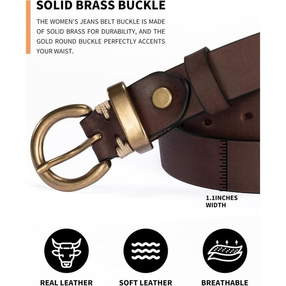 Women\'s Brown Belt Jeans Genuine Leather Belt Vintage Solid Brass Circle buckle